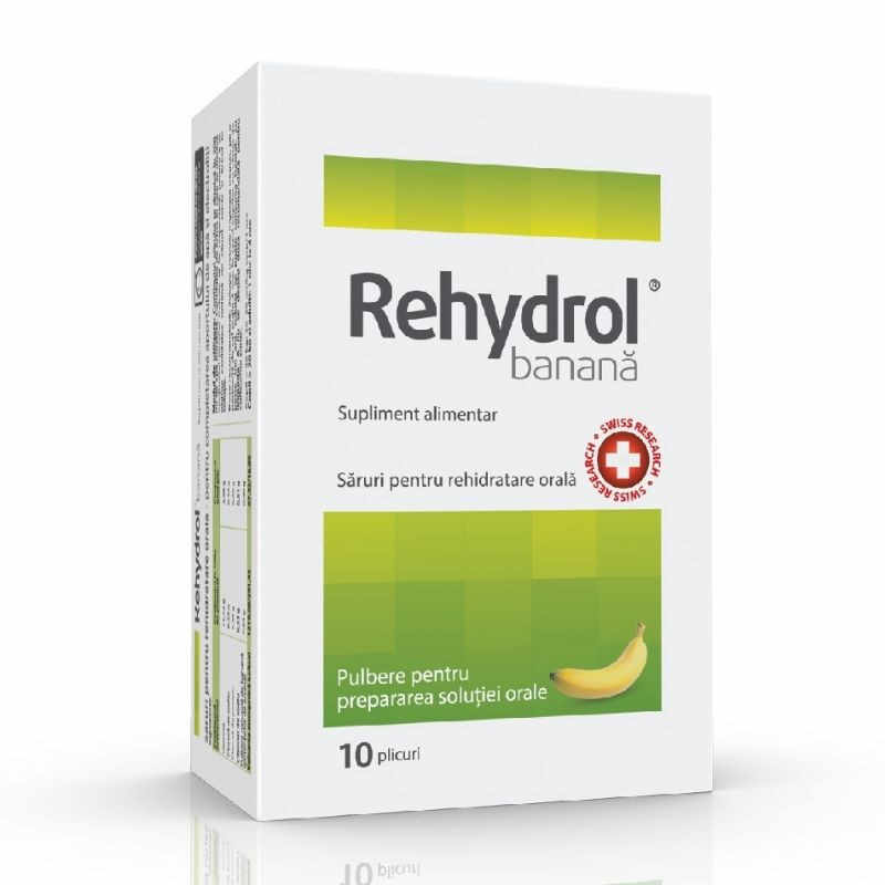 Rehydrol banana, 10 plicuri pulbere, rehidratare adulti si copii