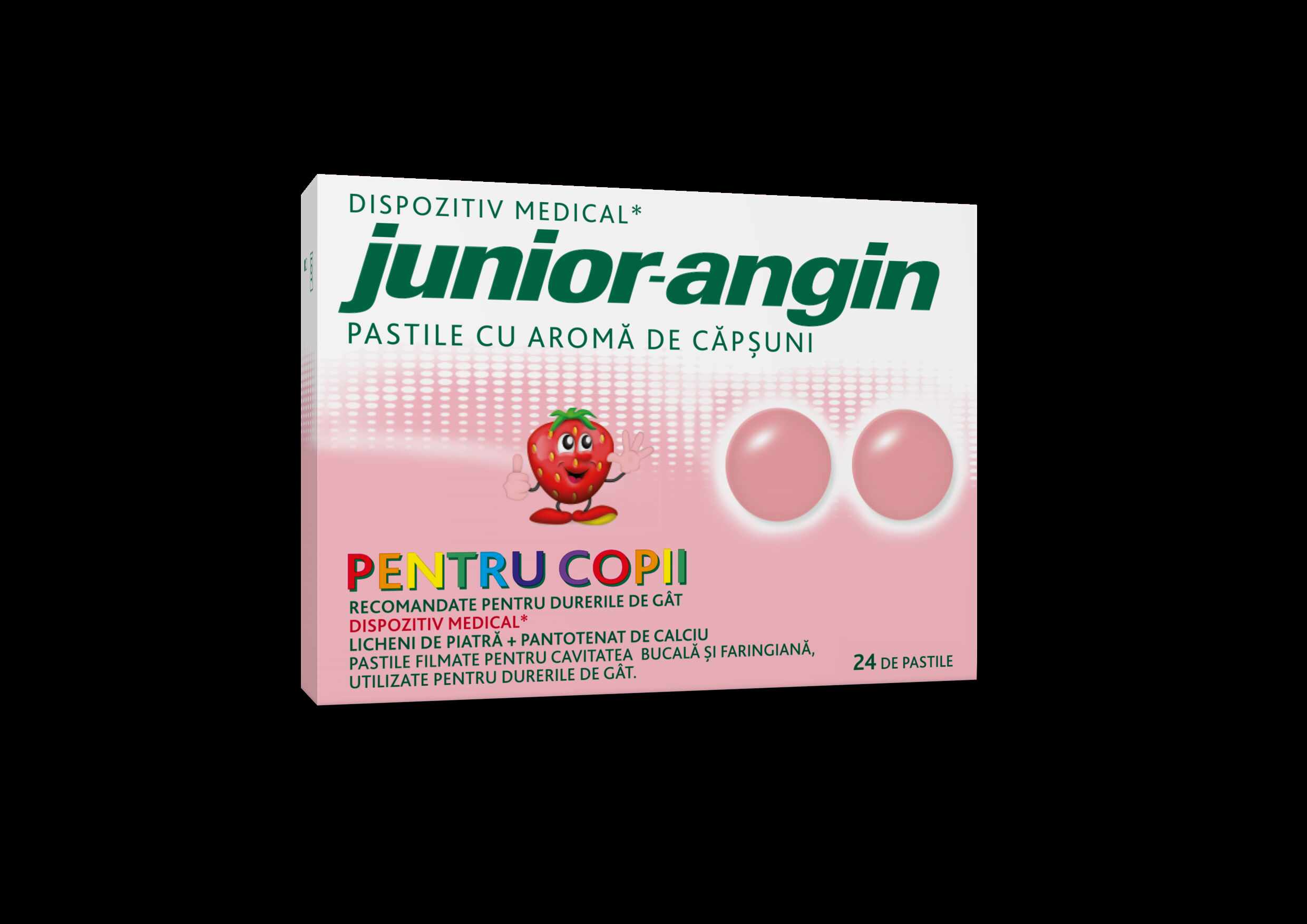 Junior Angin cu aroma de capsuni, 24 PASTILE, dureri de gat la copii
