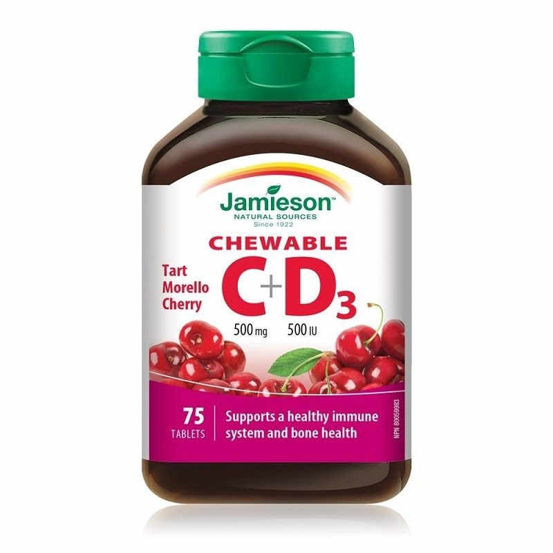 Jamieson Vitamina C 500 mg + D 500UI masticabila, aroma cirese, 75 tablete