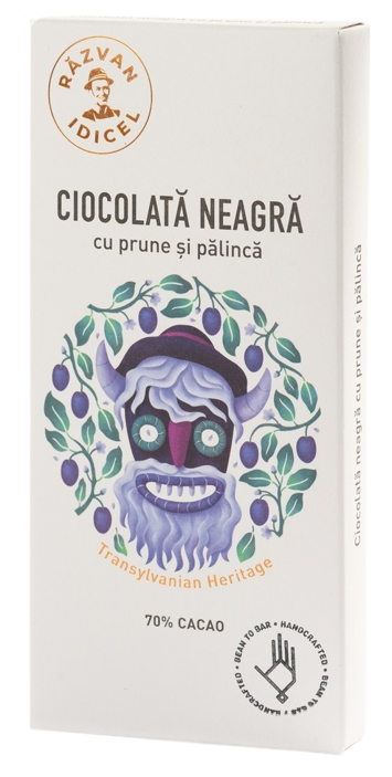 Ciocolata 70% cacao neagra cu prune si palinca, 80g, Razvan Idicel