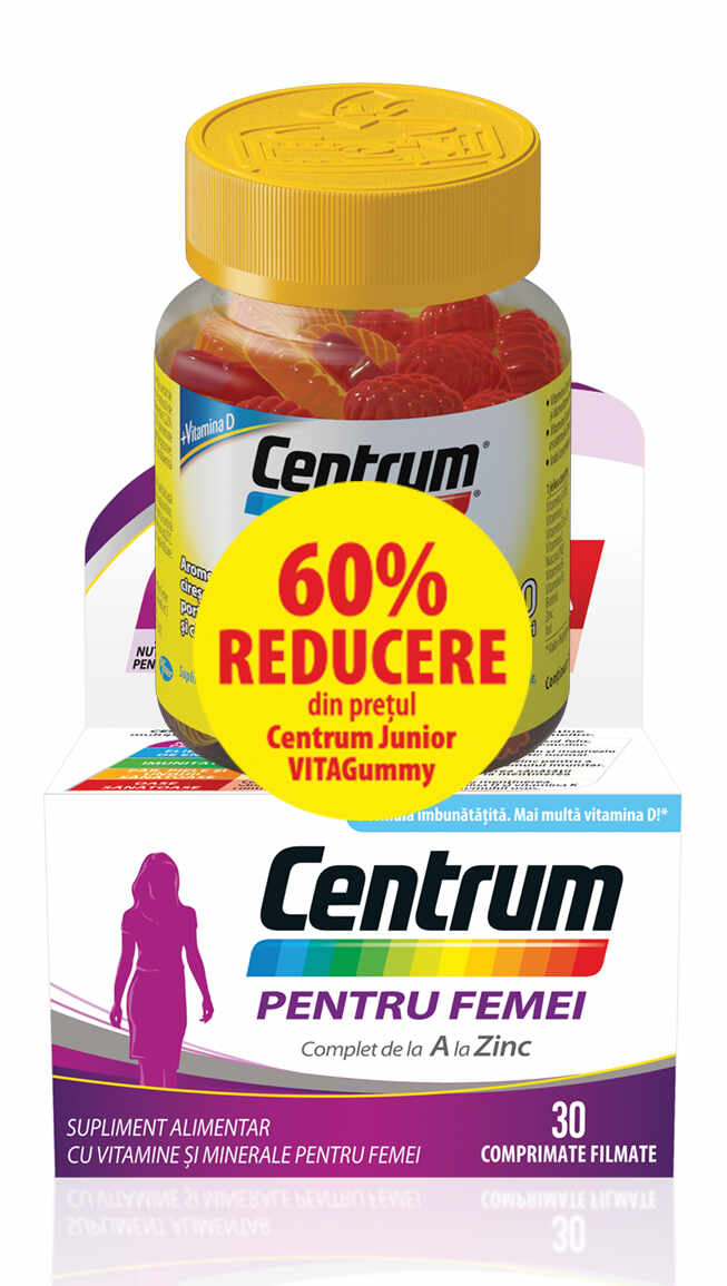 Pachet Centrum Femei, 30 comprimate + 60% reducere la al doilea produs Centrum Junior VitaGummy, 30 jeleuri