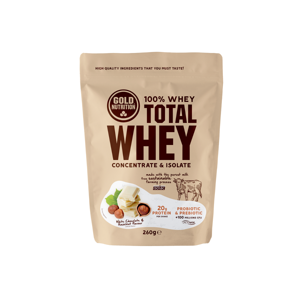 Pudra proteica Total Whey cu ciocolata alba si alune, 260g, Gold Nutrition
