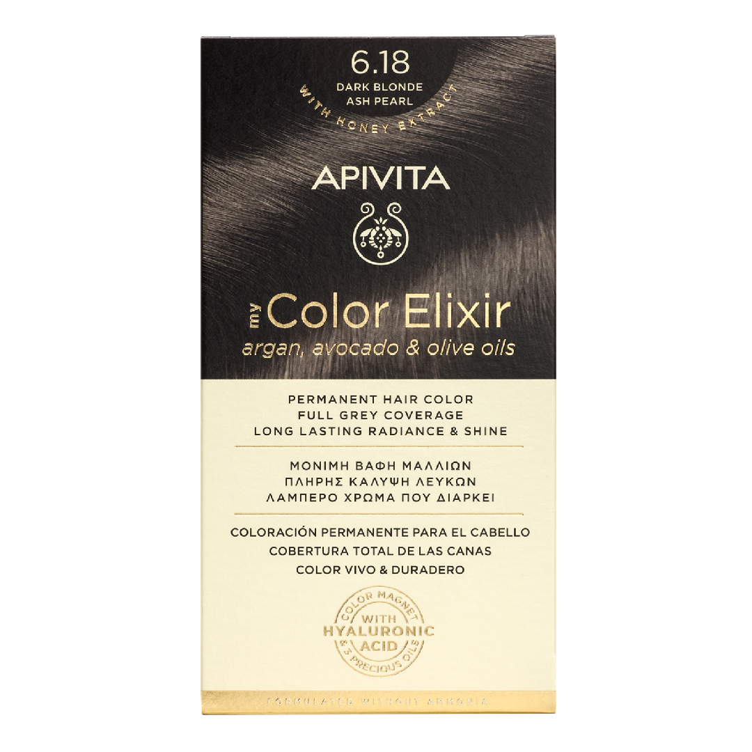 Vopsea de par My Color Elixir, Dark Blonde Ash Pearl N6.18, 155 ml, Apivita