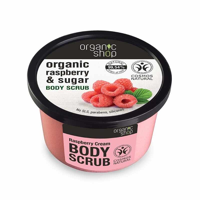Scrub de corp cu zahar si zmeura Raspberry Cream, 250ml, Organic Shop