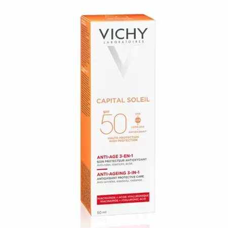 Cremă antioxidantă anti-rid 3 în 1 cu SPF 50 Capital Soleil, 50 ml, Vichy