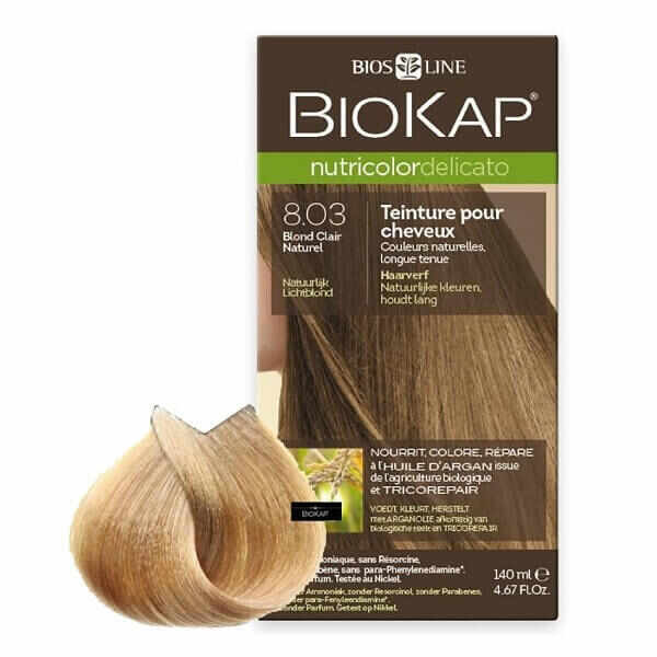 Vopsea permanentă pentru păr Nutricolor Delicato, Nunaţa Natural Light Blond 8.03, 140 ml, Biokap