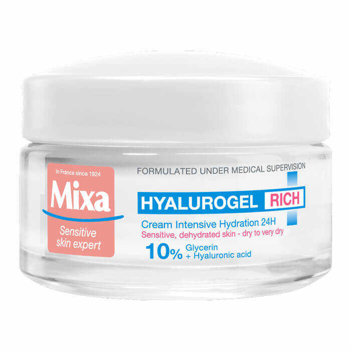 Crema intens hidratanta 24h cu acid hialuronic pentru piele uscata si foarte uscata Hyalurogel Rich, 50 ml, Mixa