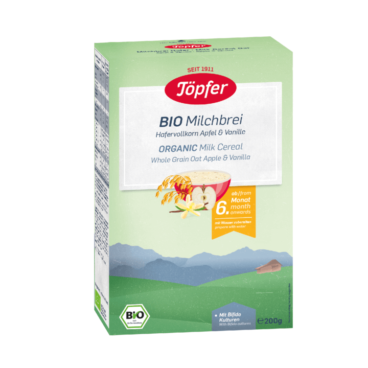 Cereale Bio Organic cu ovaz integral, lapte, mere si vanilie, +6 luni, 200 gr, Topfer