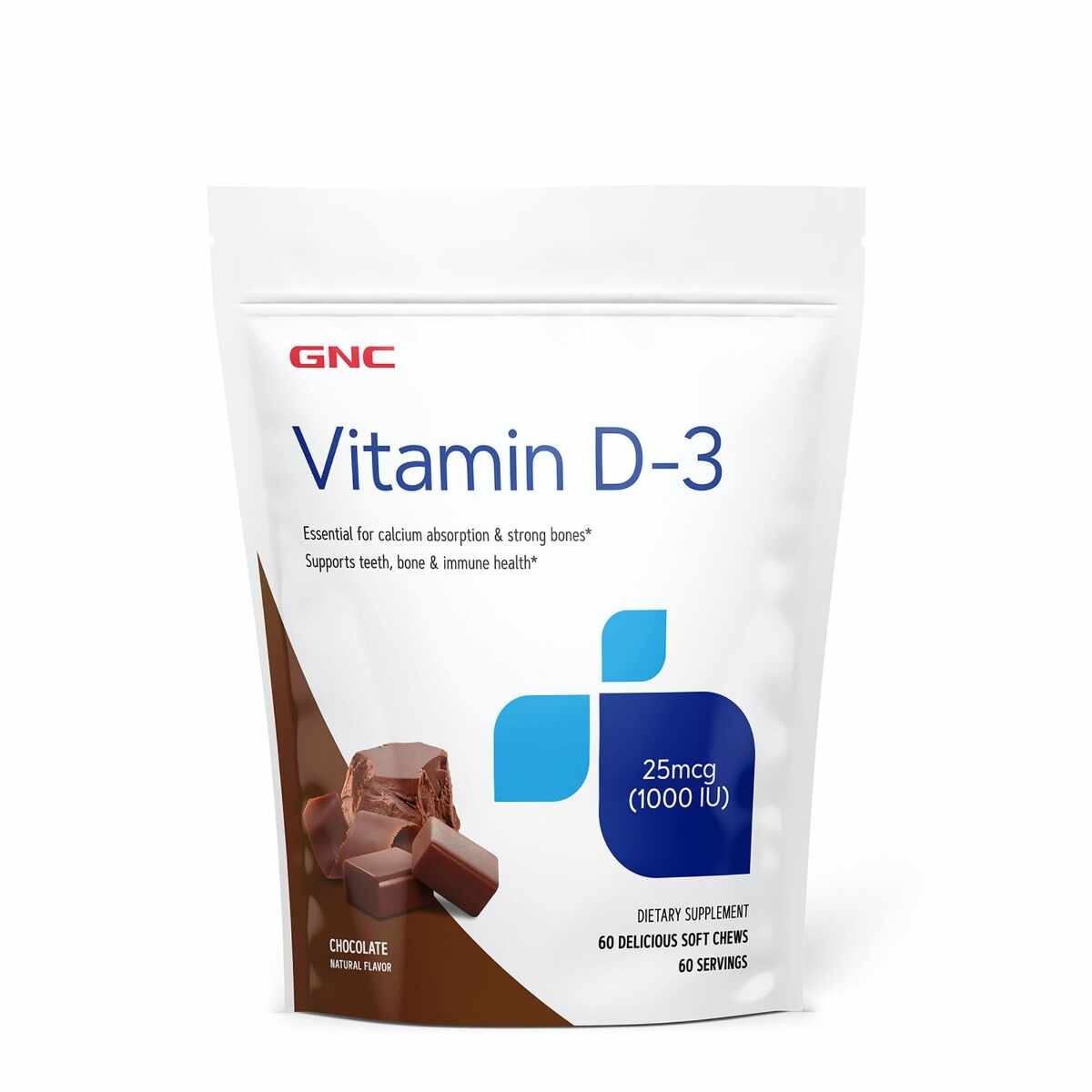 Vitamina D3 1000IU cu aroma de ciocolata, 60 drajeuri, GNC