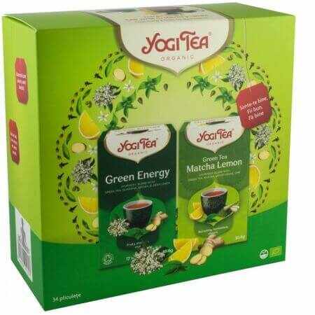 Pachet Ceai Bio Energie Verde + Ceai Bio verde matcha cu lămâie, 17 plicuri + 17 plicuri, Yogi Tea