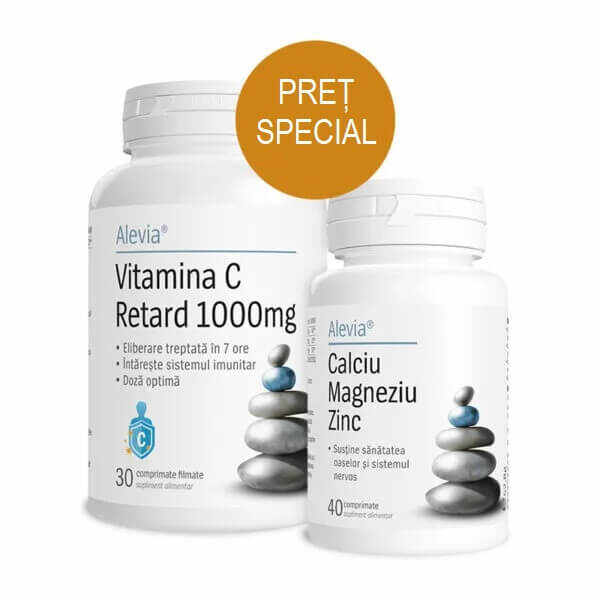 Calciu - Magneziu - Zinc + Vitamina C Retard 1000 mg, 40 + 30 comprimate, Alevia